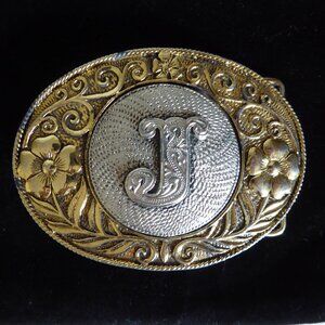 VINTAGE INITIAL MONOGRAM J WESTERN METAL BELT BUCKLE (PRE-OWNED)